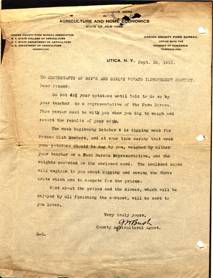boys and girls potato contest letter 1918