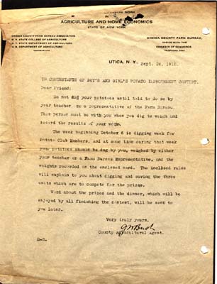 boys and girls potato contest letter 1918