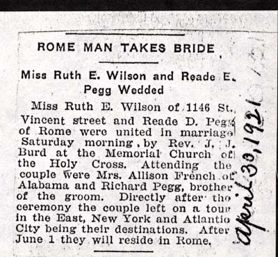 pegg reade wilson ruth married april 30 1921
