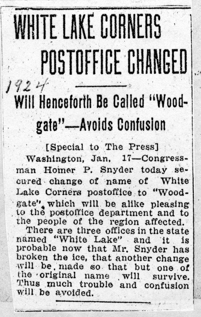 white lake corners post office changed 1924