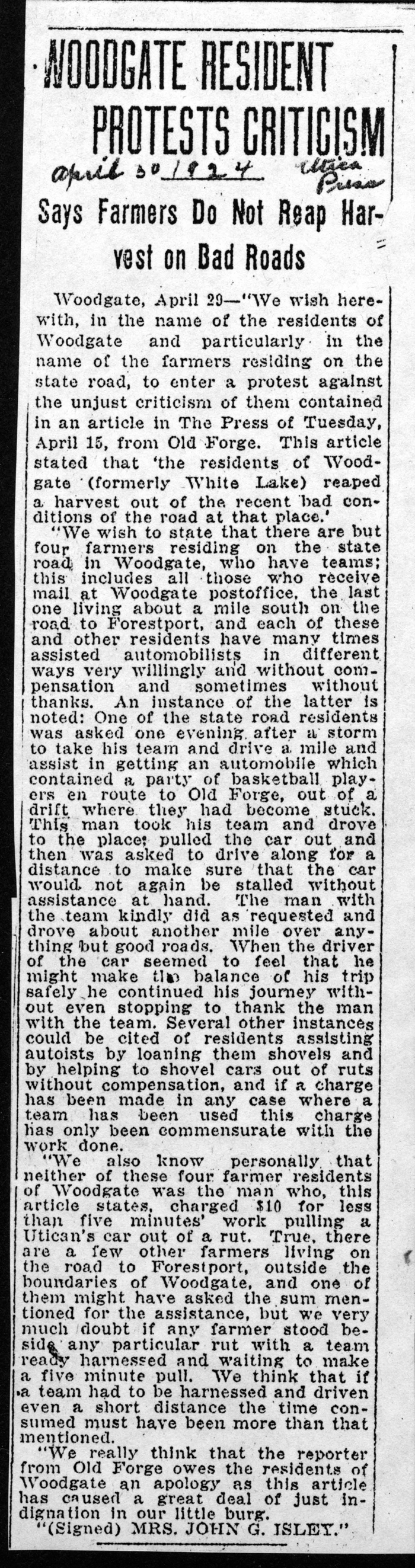 woodgate resident protests criticism april 30 1924