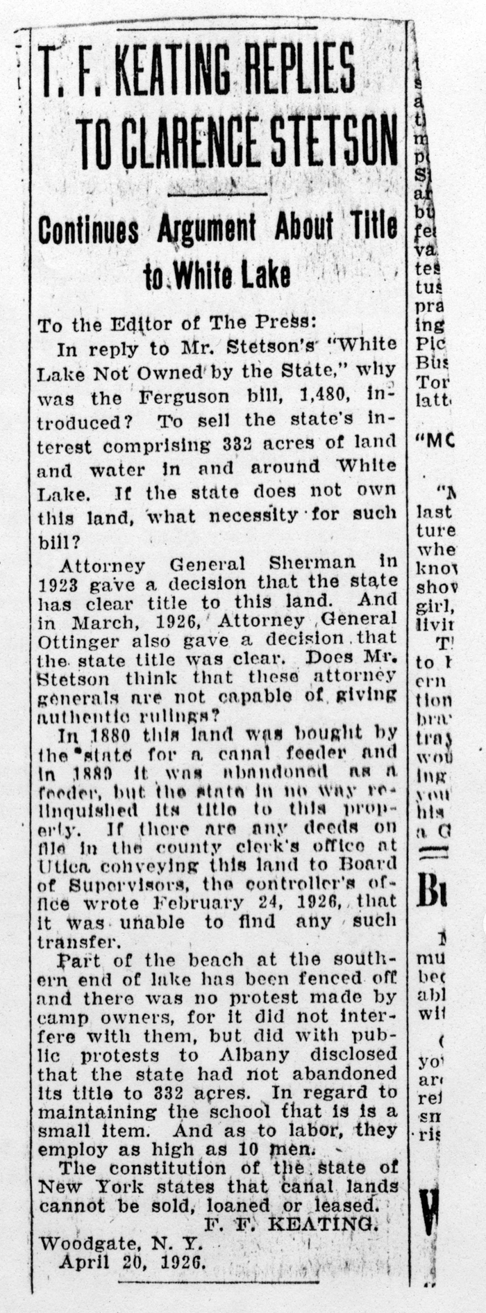 white lake land title dispute t f keating replies to clarence stetson april 20 1926 