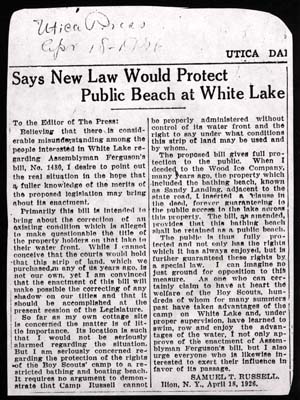 says new law would protect public beach at white lake april 18 1926