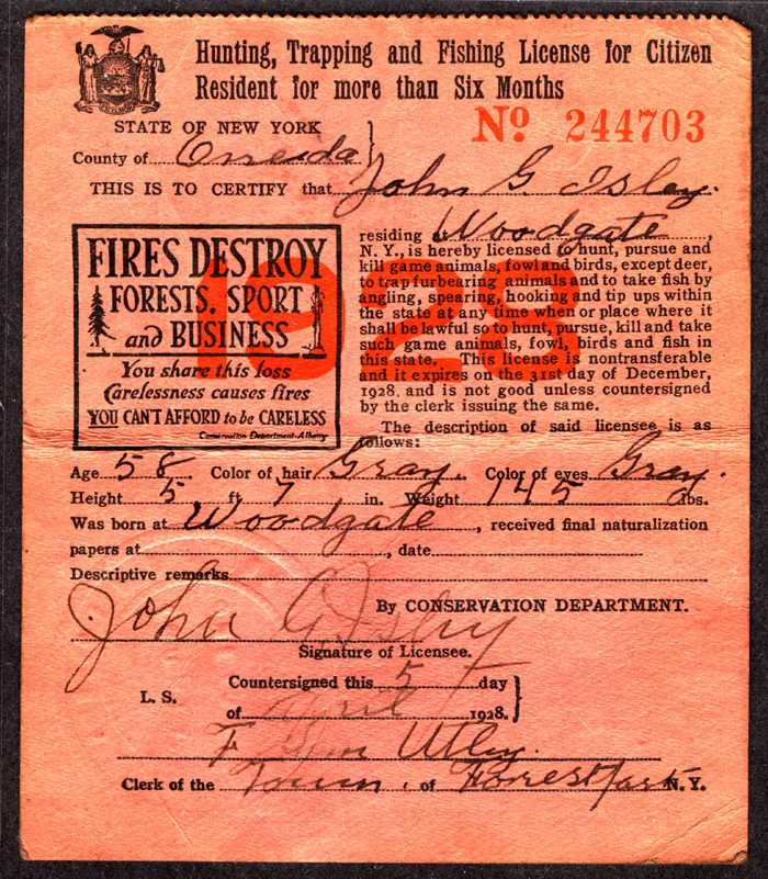 isley john g hunting trapping and fishing license issued april 5 1928