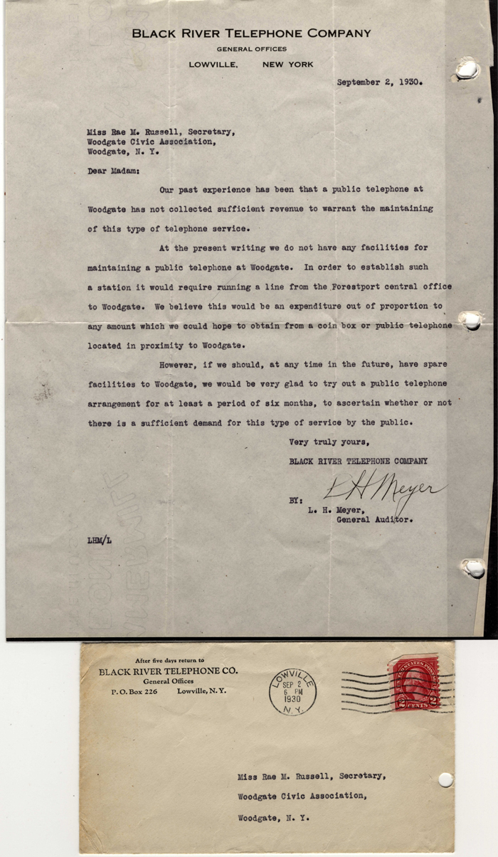 black river telephone company letter to rae m russell september 2 1930