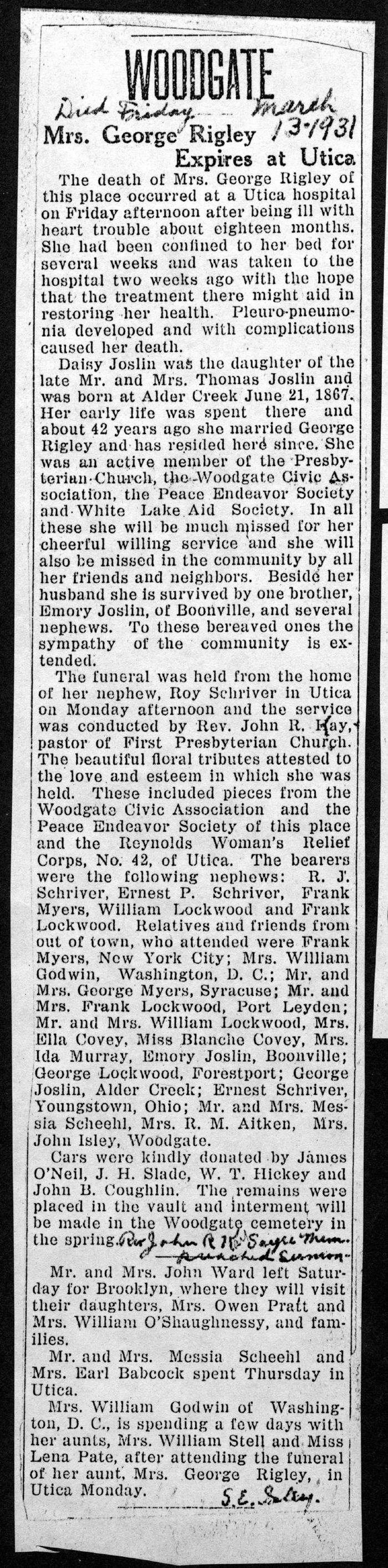 rigley daisy joslin wife of george obit march 13 1931