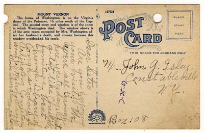 post card to mrs john g isley from emma 1931 back