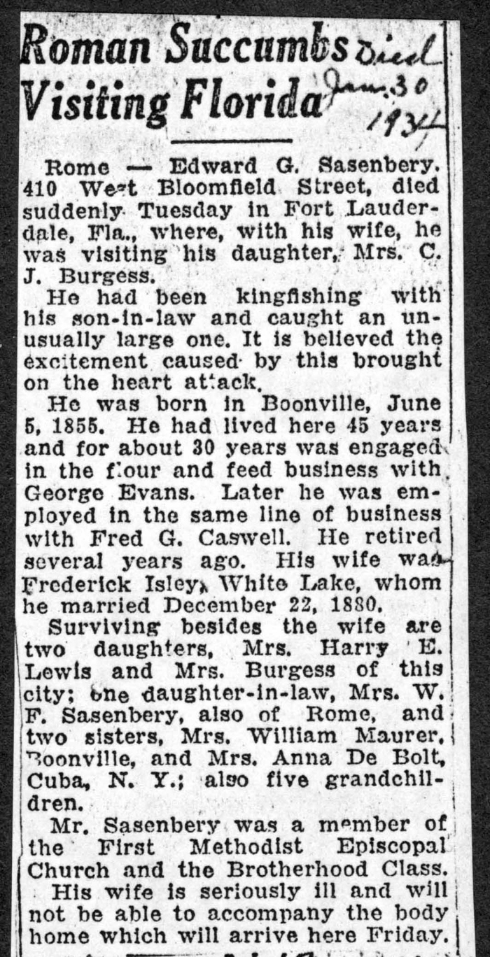 sasenbery edward g husband of frederica isley obit jan 30 1934