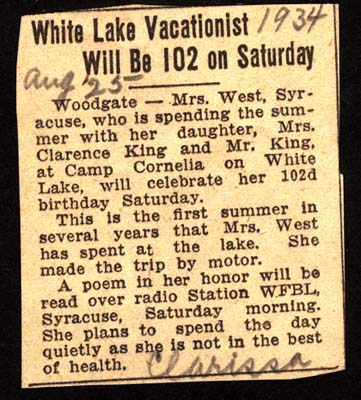 mrs west 102 years of age spends summer at white lake august 25 1934