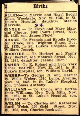 allen cinque grace shorter usher weber williams welsh birth announcements november 1935