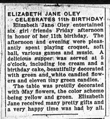 elizabeth jane oley celebrates 11th birthday 1935