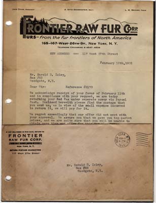 letter from frontier raw fur corp to harold d isley february 12 1935