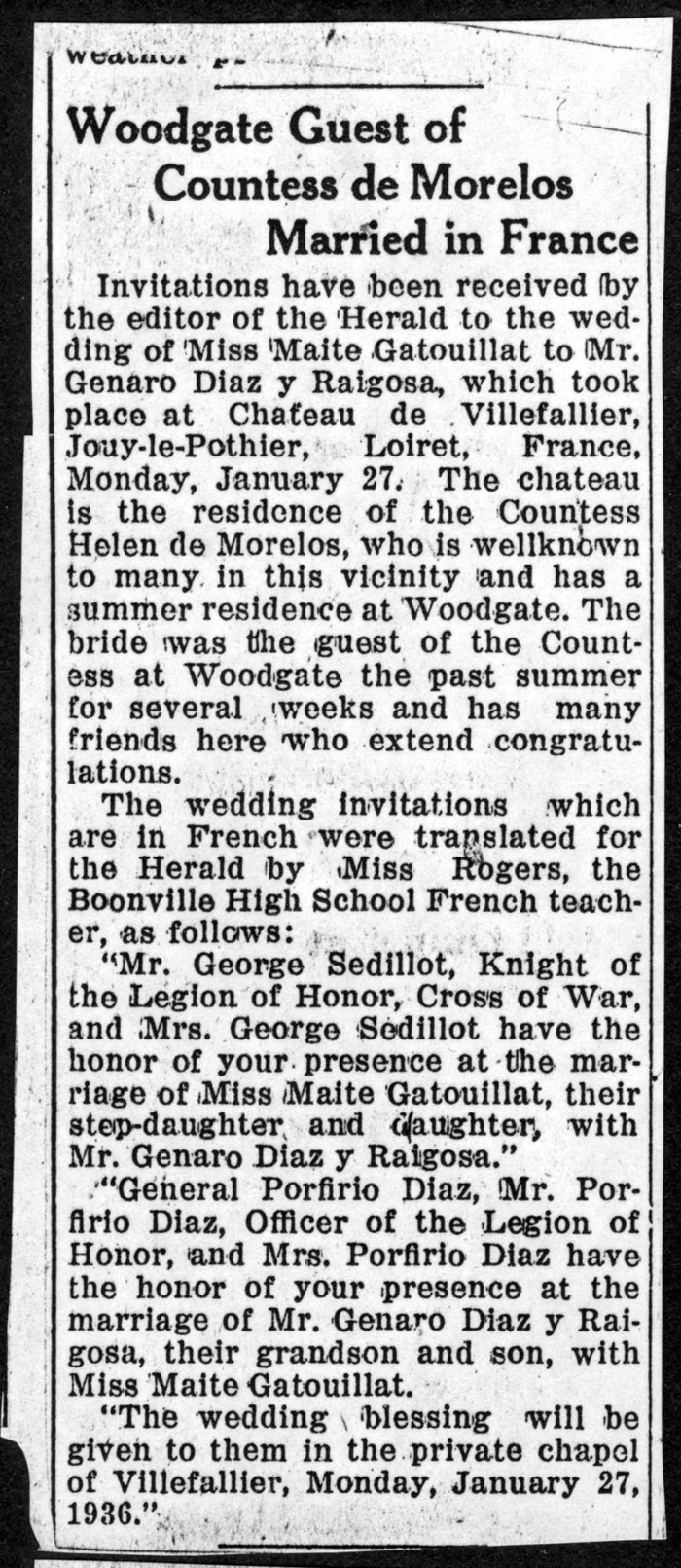woodgate guest of countess de morelos married in france 1936