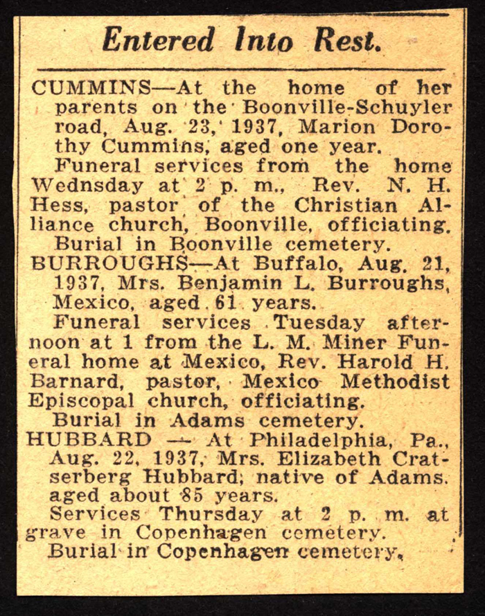 cummins dorothy marion burroughs mrs benjamin l hubbard elizabeth cratsenberg death notices 1937