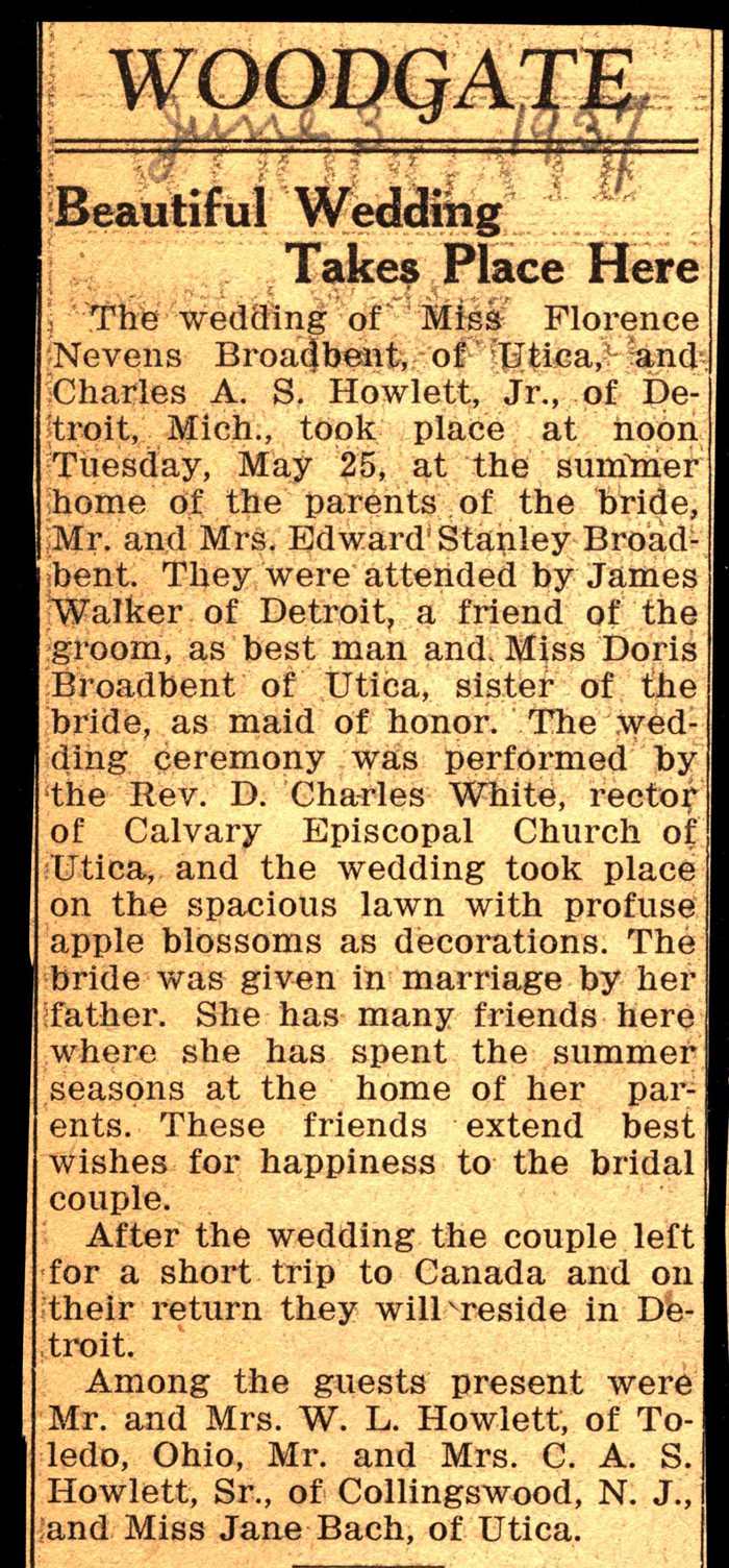 howlett charles a s and broadbent florence nevens married may 25 1937