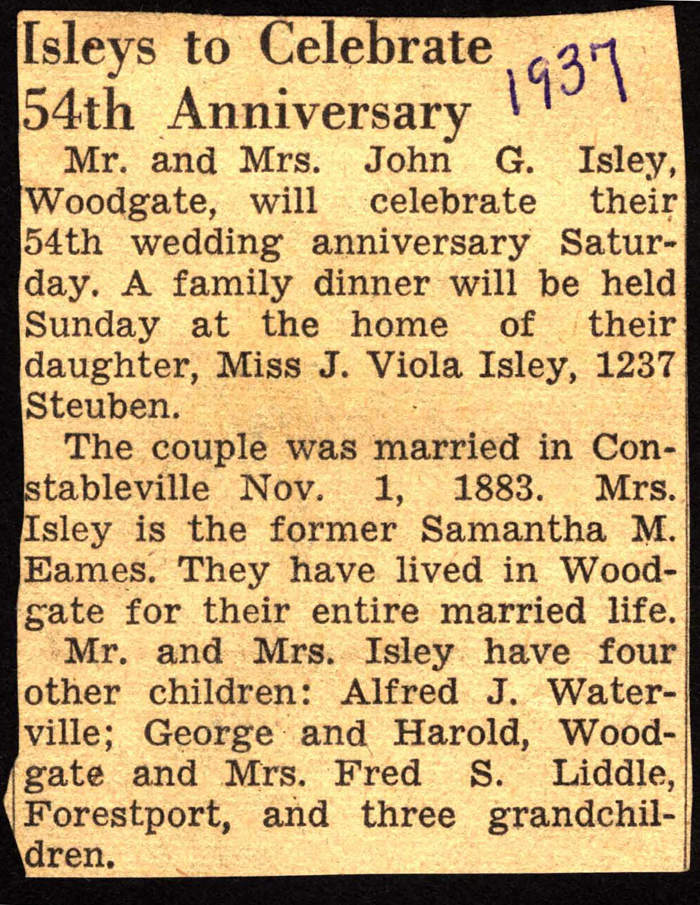 mr and mrs john g isley celebrate 54th wedding anniversary november 1 1937