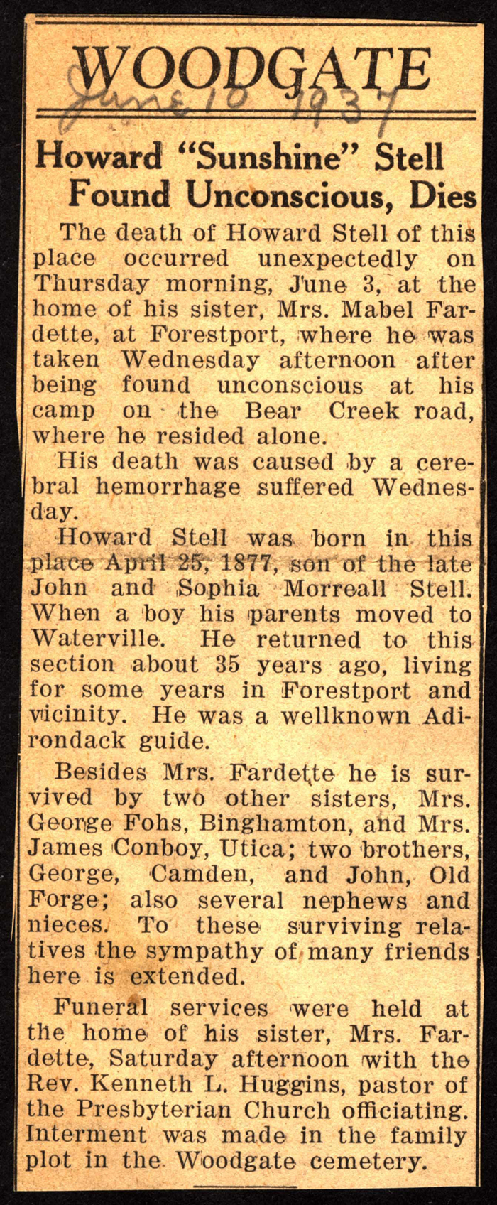 stell howard sunshine son of john and sophia morreall obit june 3 1937