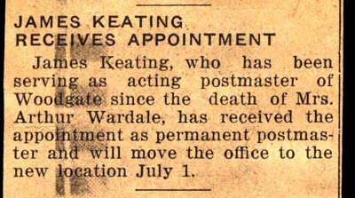 james keating appointed post master of woodgate june 1938