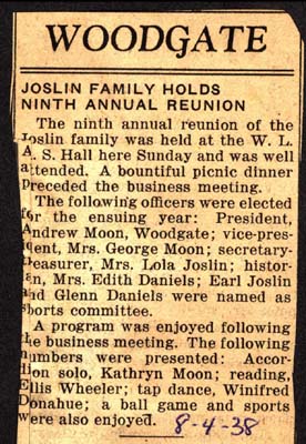 joslin family 9th annual reunion held august 1938