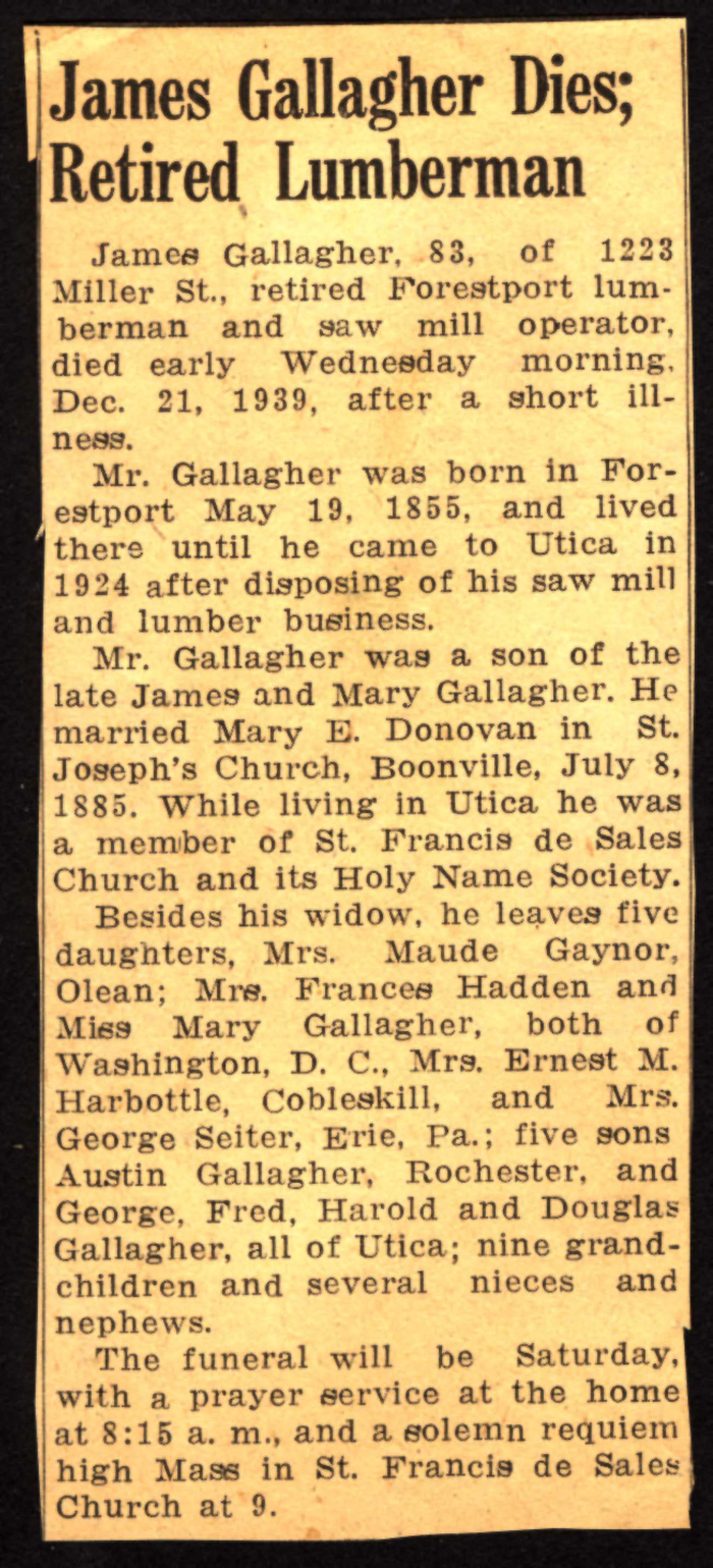 gallagher james husband of mary e donovan obit december 21 1939