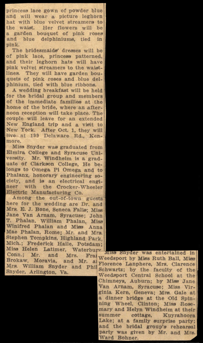 mr windheim and miss snyder married 1939 article incomplete