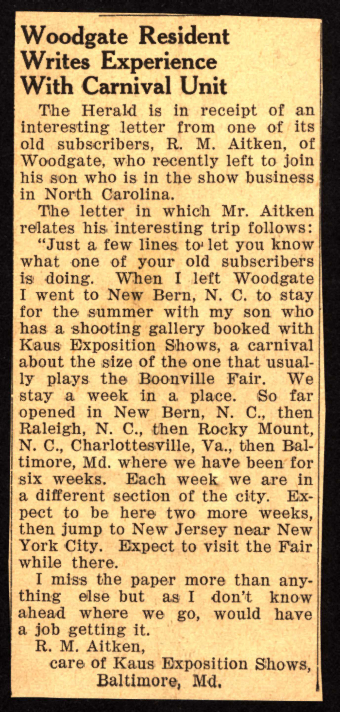 r m aitken writes experience with carnival unit 1939