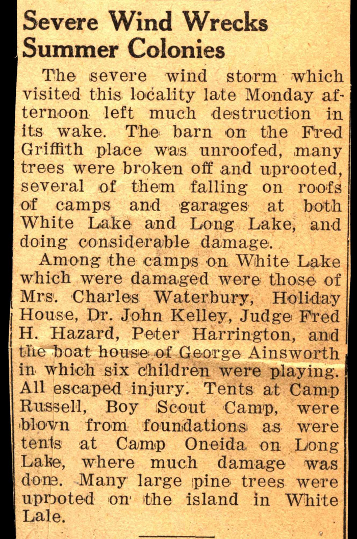 severe wind damages camps in white lake long lake and camp russell august 1941