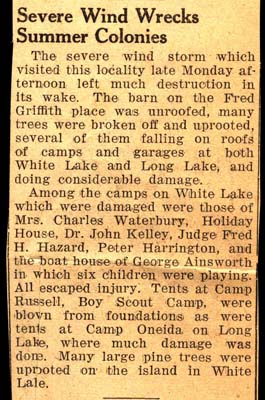 severe wind damages camps in white lake long lake and camp russell august 1941