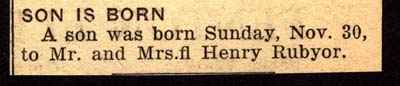 son born to mr and mrs henry rubyor november 30 1941