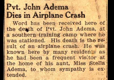 pvt john adema dies in plane crash february 1942