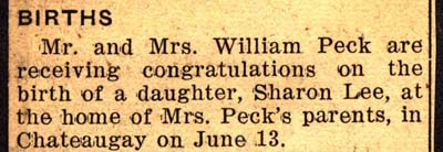 sharon lee born to mr and mrs william peck june 13 1942 copy