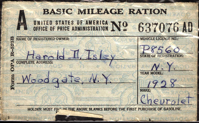 mileage ration card harold d isley 1943
