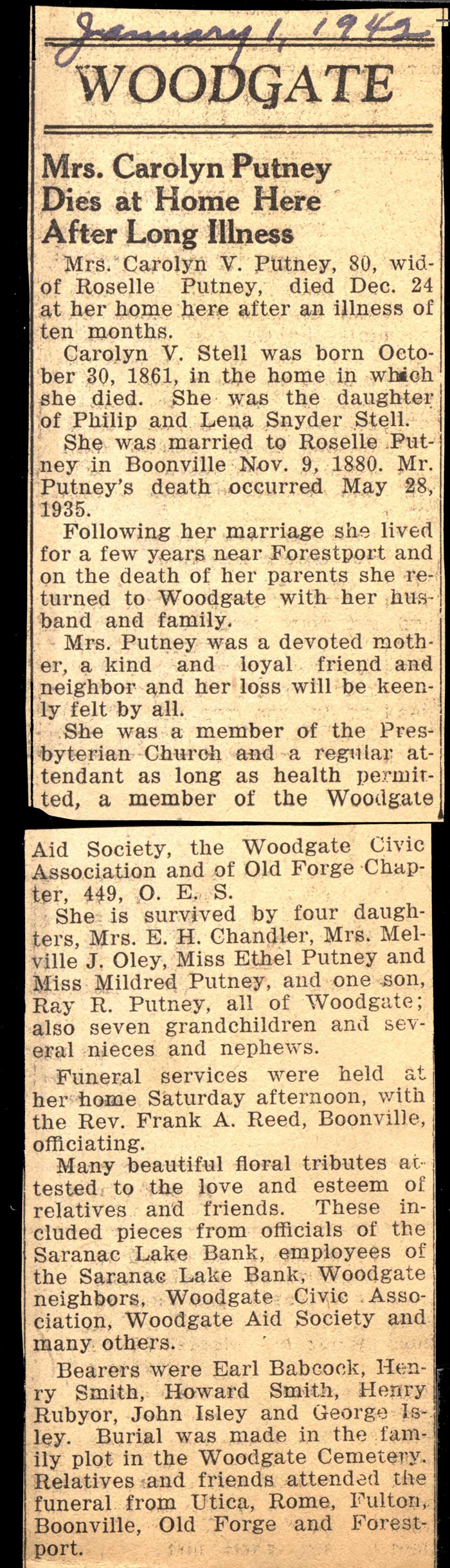 putney carolyn stell wife of roselle putney obit december 30 1943