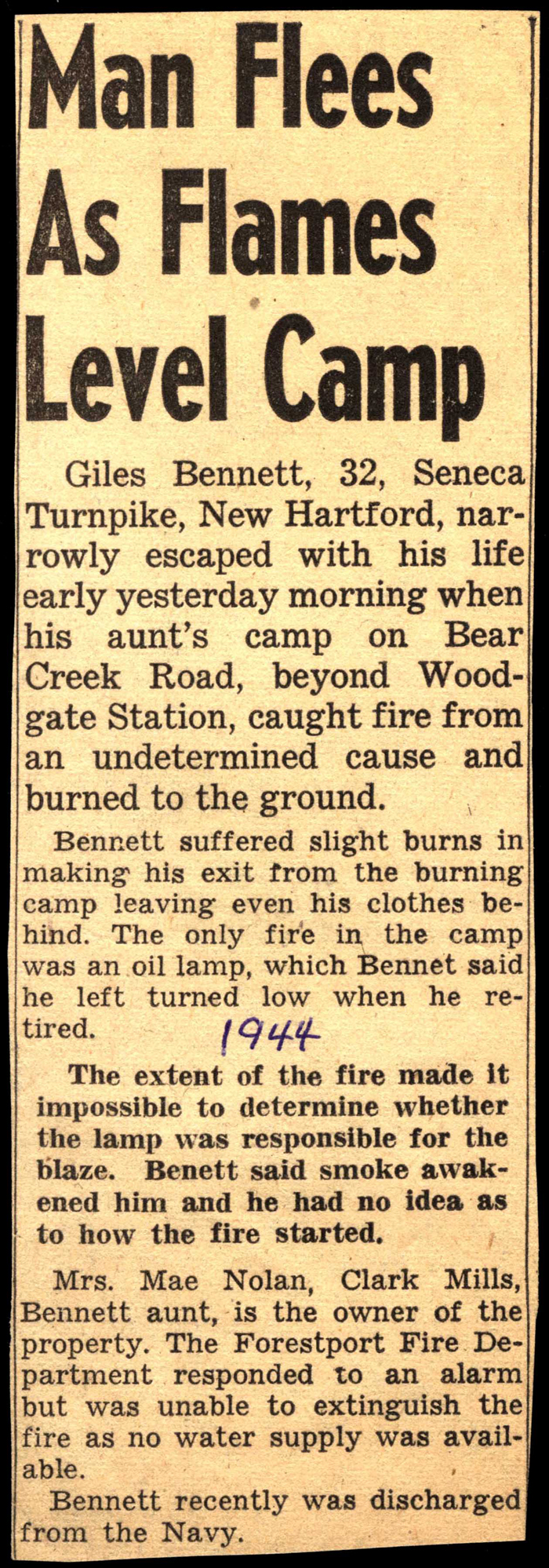 giles bennett escapes fire that levels camp 1944