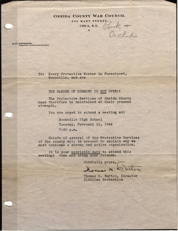 letter from oneida county war council february 1944