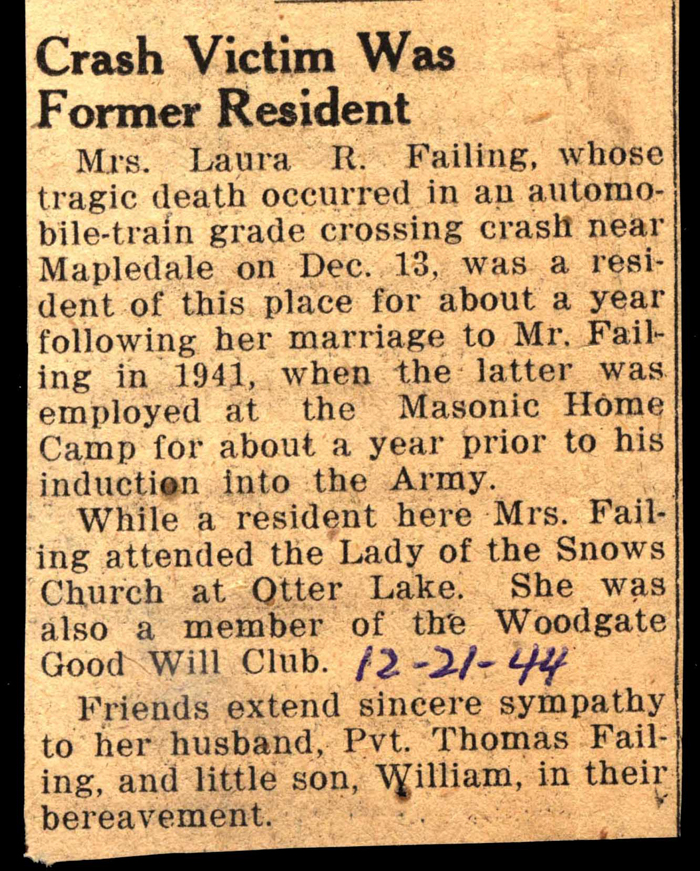 mrs laura r failing dies in car crash december 13 1944