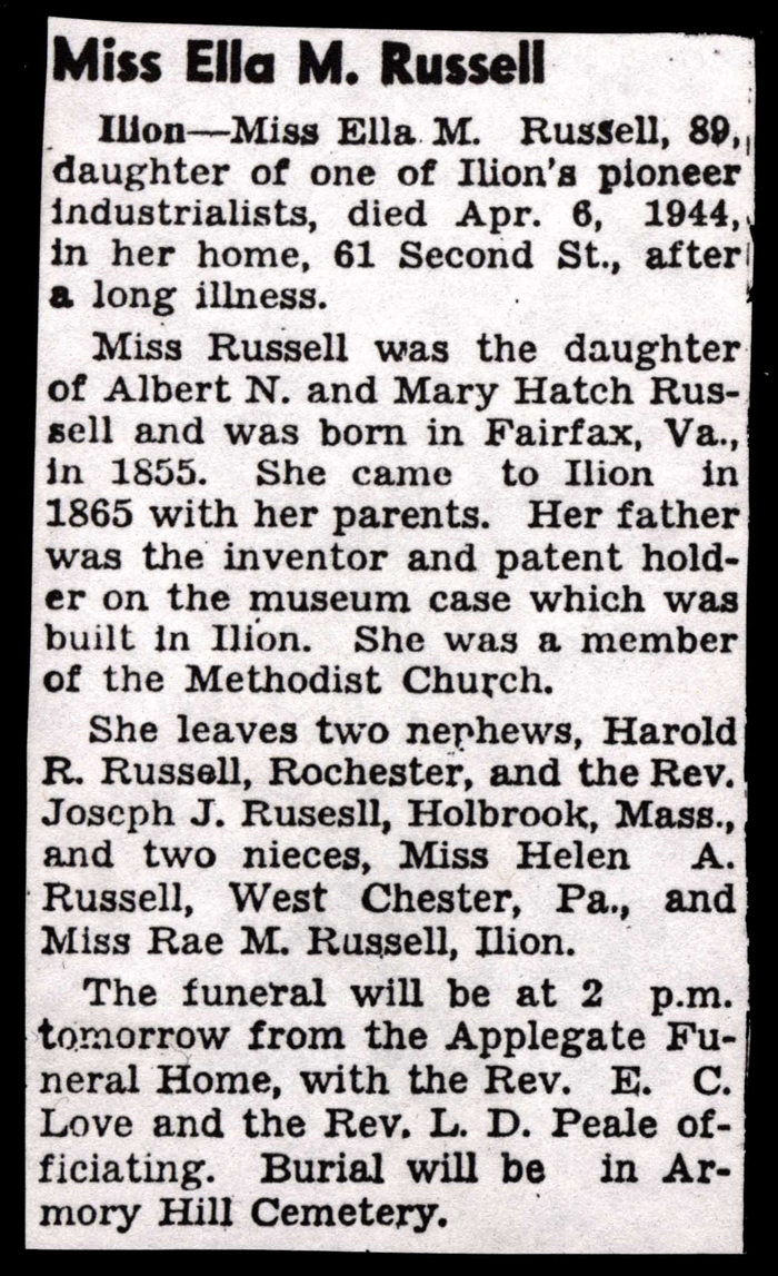 russell ella m daughter of albert n and mary hatch russell obit april 6 1944