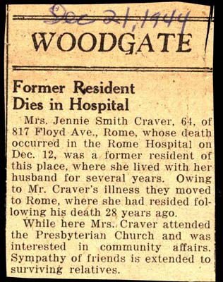 mrs jennie smith craver dies december 12 1944