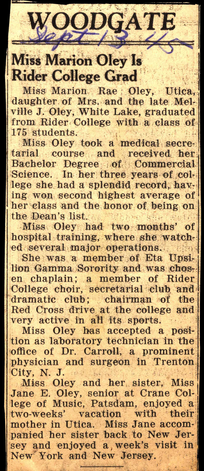 marion rae oley graduate of rider college september 1945