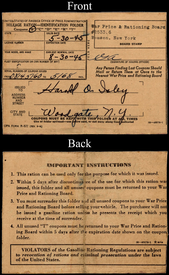 mileage ration card harold isley may 30 1945