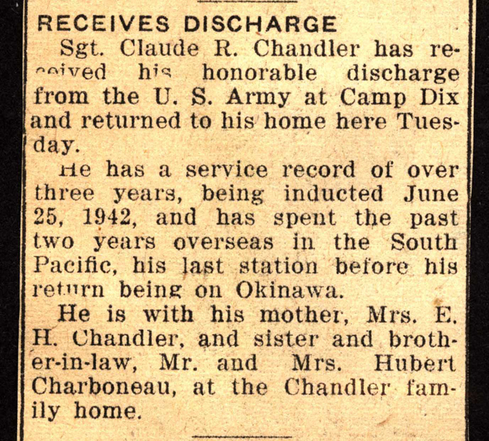 sgt claude r chandler receives honorable discharge december 1945