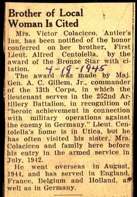 1st lieutenant alfred centonella awarded bronze star april 19 1945