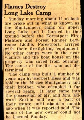 montgomery camp at long lake destroyed by fire october 1945