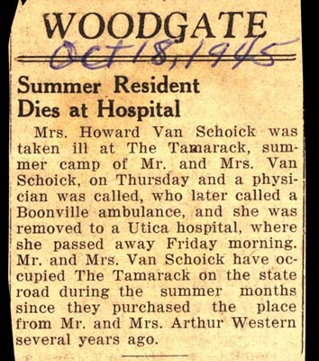 mrs howard van schoick takes ill and passes away october 1945