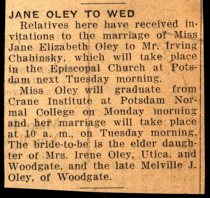 irving chabinsky to wed jane elizabeth oley june 1946