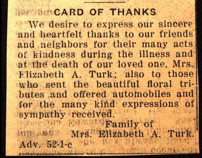 card of thanks to friends from children of elizabeth a turk upon her death february 13 1947