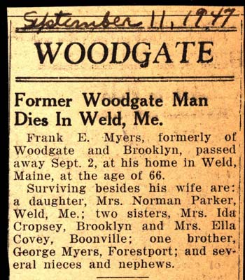 frank e myers brother of mrs norman parker dies in weld maine september 2 1947