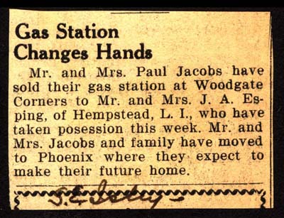mr and mrs paul jacobs sell woodgate corners gas station to mr and mrs j a esping september 1948