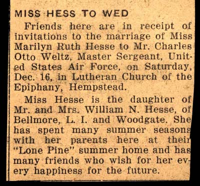 weltz charles otto to wed hesse marilyn ruth december 16 1950
