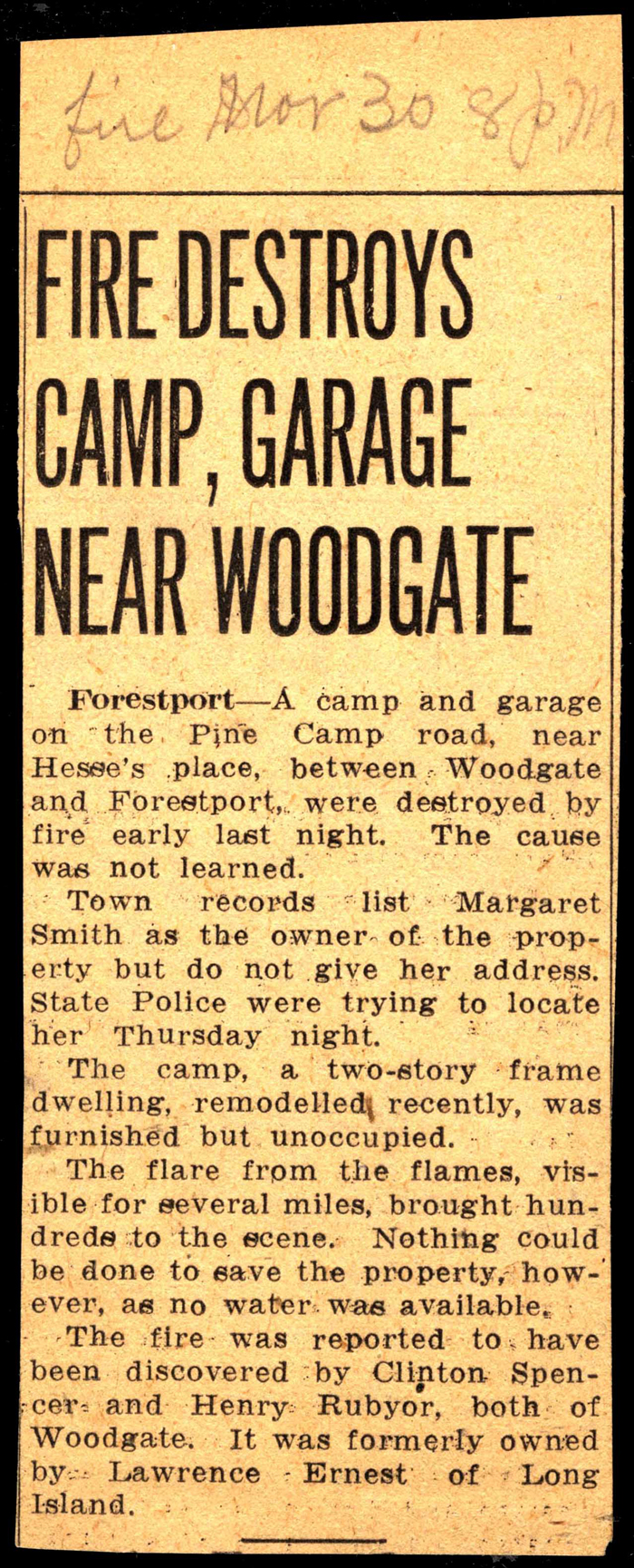 fire destroys margaret smith camp and garage pine camp road woodgate march 30 1951